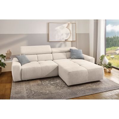 Cremeweißes Ecksofa mit angehobener Kopfstütze und Ottomane im modernen Wohnzimmer
