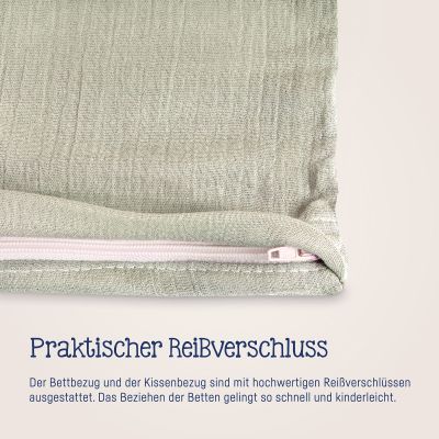 Nahaufnahme eines weißen Reißverschlusses an limegrüner Musselin-Bettwäsche mit