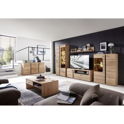 Großes Wohnzimmer mit Couchtisch aus hellem Holz, Sofas, Teppich und einer Wohnwand; Kommode, Vitrine und Fernseher sind sichtbar, Tageslicht fällt durch ein großes Fenster ein.