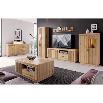 Delamar Wohnkombination in Eiche Artisan mit Highboard, TV-Lowboard, Vitrine, Wandboard und Couchtisch im modernen Wohnstil