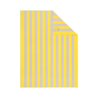 Geschirrtuch mit gelben und steingrauen Längsstreifen; oben ist eine Ecke diagonal umgeschlagen.