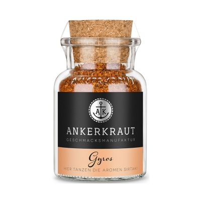 Ankerkraut Gyros-Gewürz im klaren Glas mit Korkverschluss, schwarzem Frontetikett und bräunlicher Gewürzmischung.