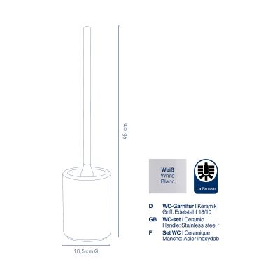 Schematische Darstellung der WC Garnitur mit Angaben zu Abmessungen Material und Ausführung