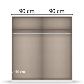 Innenansicht eines 4-türigen Kleiderschranks mit zwei Bereichen, Einlegeböden und Kleiderstangen, jeweils 90 cm breit