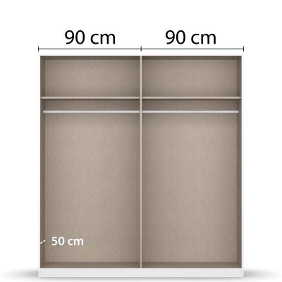 Innenansicht eines 4-türigen Kleiderschranks mit zwei Bereichen, Einlegeböden und Kleiderstangen, jeweils 90 cm breit