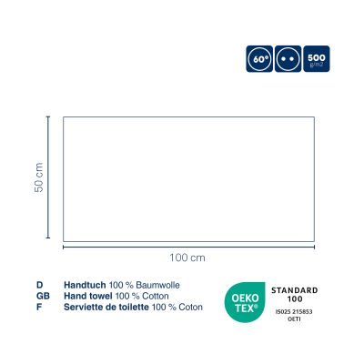 Informationsgrafik mit rechteckigem Handtuch eingezeichneten Abmessungen und Symbolen zu den Produkteigenschaften