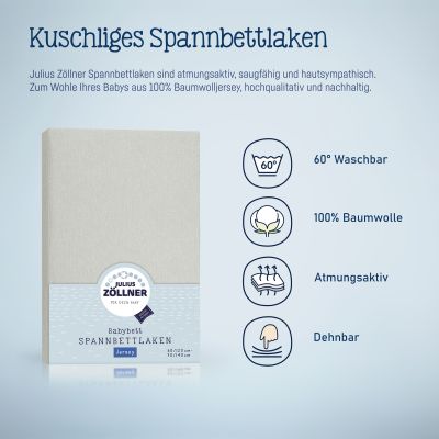 Verpacktes graues Julius Zöllner Spannbettlaken mit grafischen Symbolen zu 60° Waschbarkeit, 100 % Baumwolle, Atmungsaktivität und Dehnbarkeit