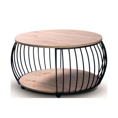 Runder Couchtisch mit zwei Holzplatten und schwarzem, bauchigem Metallgestell auf kleinen Rollen
