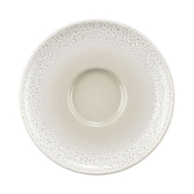 Untertasse in Grau-Beige; Draufsicht. Sichtbare Gestaltung: rund, fein gesprenkelt und mit mittiger Vertiefung.