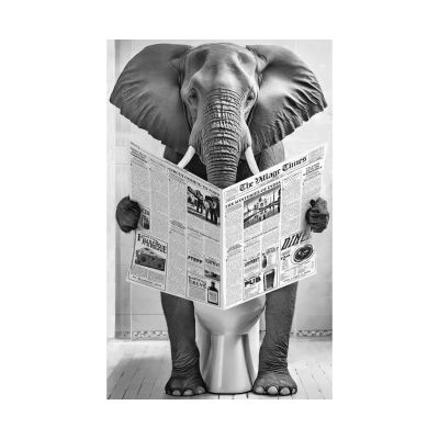 Frontansicht des Wandbilds „Elephant Toilet“ in Schwarz-Weiß, Größe 60 × 90 cm; das vollständige Motiv ist zu sehen.