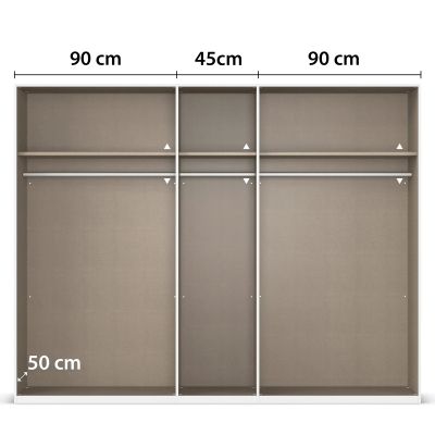 Innenansicht eines 5-türigen Kleiderschranks mit drei Fächern, Kleiderstangen und Einlegeböden, mittleres Fach 45 cm breit