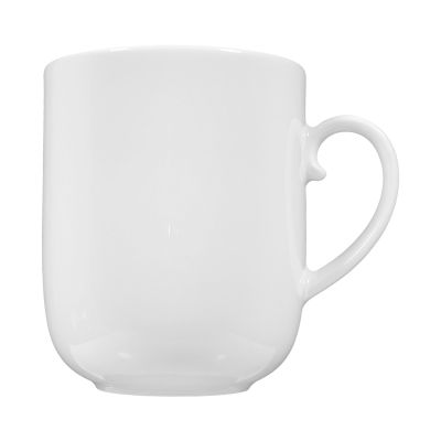 Becher in Weiß; hoch, zylindrisch und mit rundem Henkel. Ansicht: Ansicht der zweiten Seite.