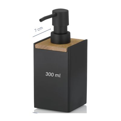 Produktansicht eines schwarzen Seifenspenders mit Holzoberfläche Pumpspender und Maßangaben