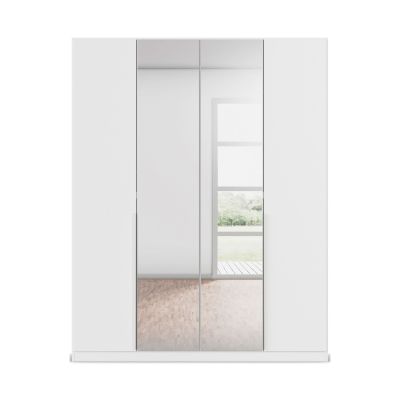 Frontansicht eines weißen 4-türigen Kleiderschranks mit durchgehender Spiegelfläche und minimalistischem Design
