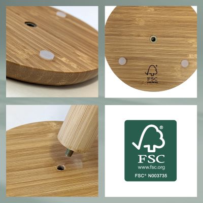 Vier Detailbilder zeigen die Unterseite des Bambussockels eine Befestigungsstelle die Holzmaserung und ein FSC Kennzeichen
