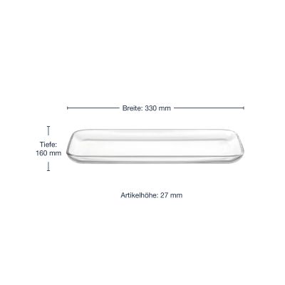 Glas Servierplatte mit Maßangaben 330 mm Breite 160 mm Tiefe und 27 mm Höhe