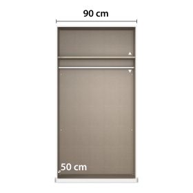 Innenansicht eines Kleiderschranks mit Maßangaben von 90 cm Breite und 50 cm Tiefe sowie Fachboden und Kleiderstange