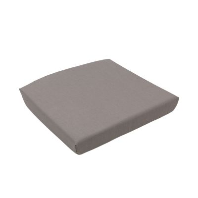 Ein quadratisches Sitzkissen in Taupe liegt auf weißem Hintergrund. Das Kissen hat eine glatte Oberfläche und leicht abgerundete Ecken.