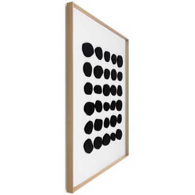 Seitliche Schrägansicht des Wandbilds „Black Dots“, 50 × 70 cm; Profil, Kante und Tiefe des Bildes sind erkennbar.