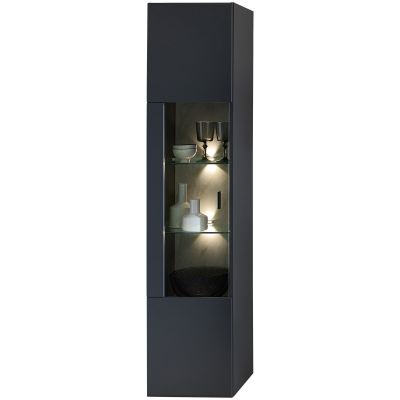 Schmale Vitrine in Anthrazit mit Glastür, Glasböden und integrierter LED-Beleuchtung für stilvolle Dekoration.