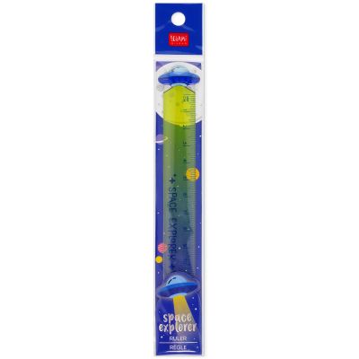 Gelb-blaues Lineal mit Weltraummotiv, in einer langen transparenten Blisterverpackung dargestellt.