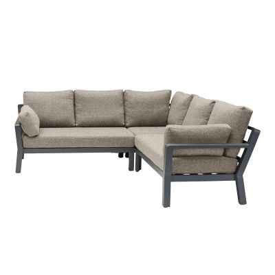 Ecksofa in L Form mit Sitz und Rückenkissen, seitliche Ansicht von links