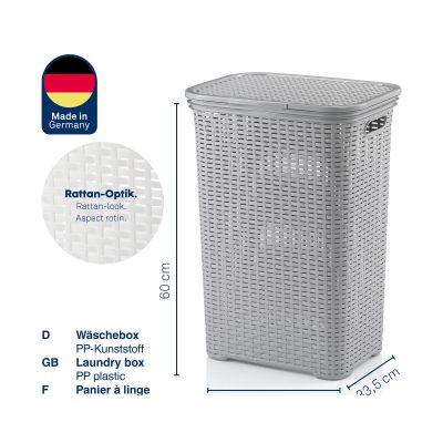 Informationsgrafik mit hellgrauer Wäschebox Maßdarstellung und Hinweisen zu den Produkteigenschaften