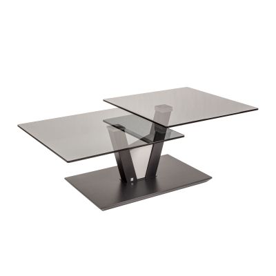 Schwenkbarer Couchtisch mit Glasplatte in Grau, Gestell aus Metall und Holz, Stellmaß 65x36x118 cm