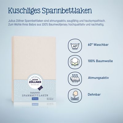Verpacktes shellfarbenes Julius Zöllner Spannbettlaken mit grafischen Symbolen zu 60° Waschbarkeit, 100 % Baumwolle, Atmungsaktivität und Dehnbarkeit