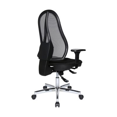 Schwarz-grauer Drehstuhl schräg von hinten; sichtbar sind Netzlehne, schwarze Rückenstütze, Armlehnen und Rollenfuß.