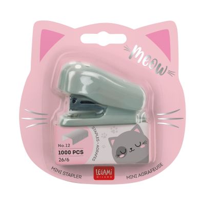 Grauer Mini-Hefter in Pfotenform, in einer rosa Blisterverpackung abgebildet.