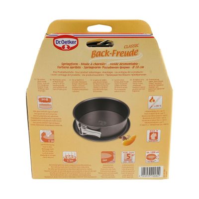 Rückseite der Verpackung einer Dr Oetker Springform 18 cm mit Produktinformationen und Symbolen