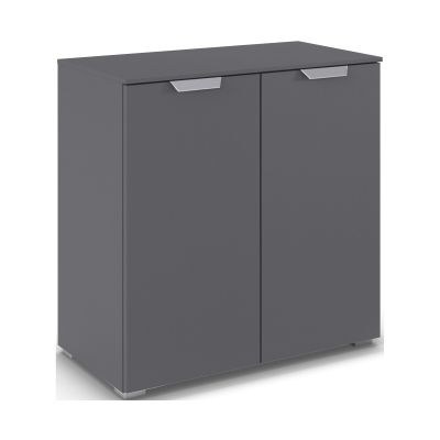Moderne Kommode in Grau mit zwei Türen und silberfarbenen Griffen in schlichtem Design