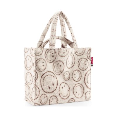 Shopper von Reisenthel, Modell Softshopper, in Creme und Braun mit Smiley-Muster aus Teddyfleece, frontal mit langen und kurzen Tragegriffen