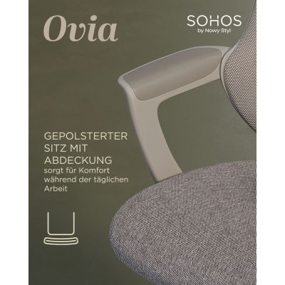 Detailgrafik des Ovia mit gepolstertem Sitz und Sitzabdeckung in Nahaufnahme neben einem Ausschnitt von Armlehne und Netzrücken.