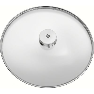 Runder Glasdeckel mit Edelstahlrand und Metallknauf, Serie Twin Specials von ZWILLING, Ø 32 cm, freigestellt auf weißem Hintergrund.
