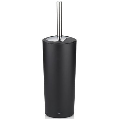 Schwarz matte WC-Garnitur Marta mit zylindrischem Behälter und langem Metallgriff vor weißem Hintergrund.