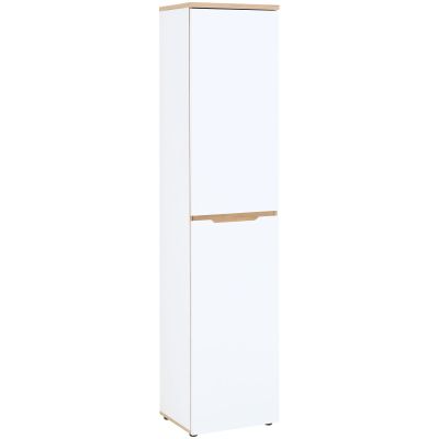 Schmale weiße Hochschrankfront mit einer durchgehenden Tür und sichtbaren Holzdetails