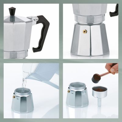 Vier Nahaufnahmen des Espressobereiters mit schwarzem Griff, Sicherheitsventil, geöffnetem Unterteil und eingefülltem Wasser