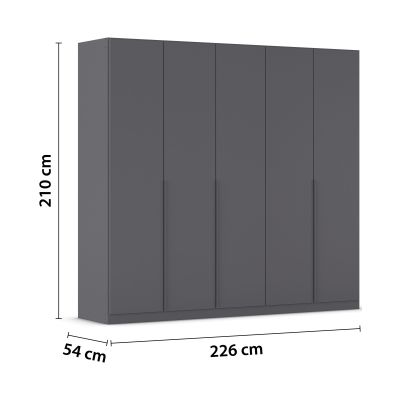 Grau-Metallicer 5-türiger Kleiderschrank mit Maßangaben Breite 226 cm, Höhe 210 cm und Tiefe 54 cm