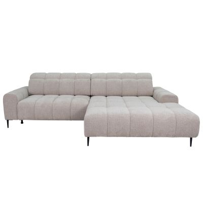 Frontalansicht des Ecksofas im Bezug B831 Kansas 5 linen mit gepolsterten Rückenlehnen und Ottomane rechts