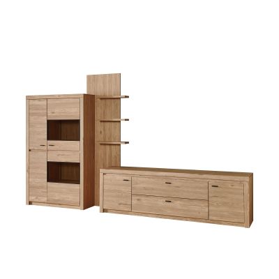 Wohnkombination in natürlicher Holzoptik mit hohem Regal Schrankelement und breitem TV-Lowboard mit Schubladen1