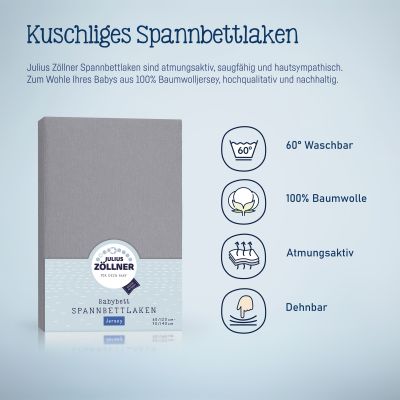 Verpacktes dunkelgraues Julius Zöllner Spannbettlaken mit grafischen Symbolen zu 60° Waschbarkeit, 100 % Baumwolle, Atmungsaktivität und Dehnbarkeit