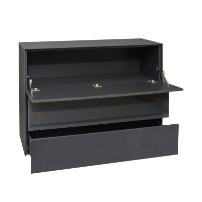 Schräger Blick auf geöffnete Kommode in Anthrazit-Hochglanz mit Klappfach und Schublade, moderner Stil