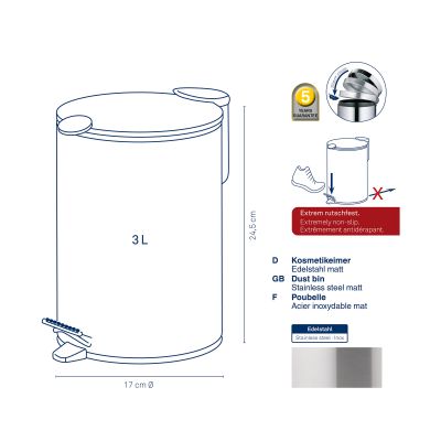 Produktzeichnung eines silberfarbenen Kosmetikeimers mit Fußpedal Maßangaben und Materialhinweisen