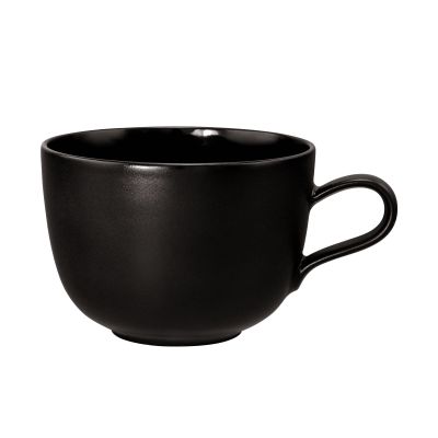 Tasse in Mattschwarz. Sichtbare Merkmale: bauchige Form mit rundem Henkel. Darstellung: Seitenansicht.