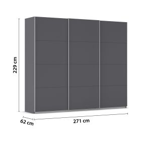 Grau-Metallicer Schwebetürenschrank mit Maßangaben 271 cm Breite, 229 cm Höhe und 62 cm Tiefe
