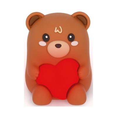 Brauner Leuchtstift mit Teddybär-Spitzerbehälter, von hinten mit transparentem Auffangbehälter gezeigt.