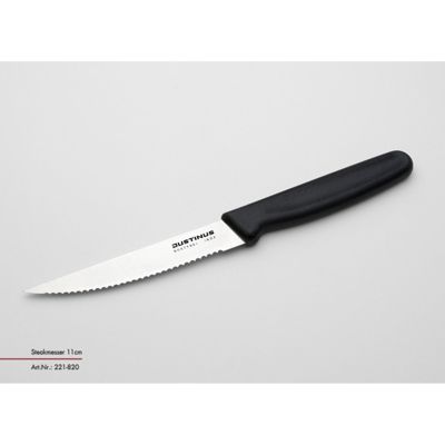 Steakmesser 11 cm FineCut: FineCut Steakmesser mit Wellenschliff und schwarzem Griff auf grauem Hintergrund.