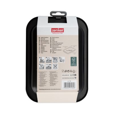 Rückseite der Verpackung einer Auflaufform mit Maßangaben, Symbolen und Produktinformationen